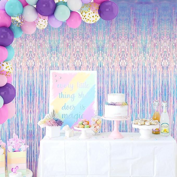 GOER 3.2 ft x 6.5 ft Metallic Tinsel Foil Fringe Curtains Party Photo Backdrop Party Streamers for Mermaid Birthday Party Decorations(2 Packs,Iridescent)