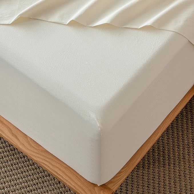 MooMee Fitted Bottom Sheet Only 100% Washed Cotton Linen Like Textured Breathable Durable Soft Comfy Deep Pocket Fits Mattress up to 17" (Cream White, King