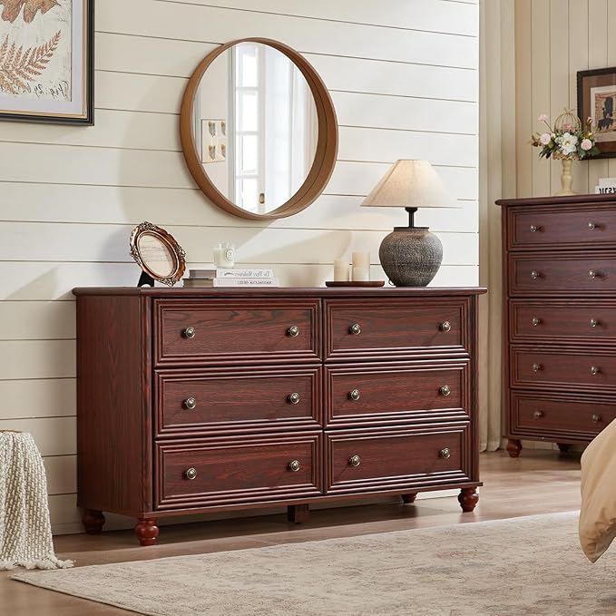 Farmhouse Dressers & Night Stand Set of 4, Wood 54" Wide 6 Drawer Dresser & 45" Tall Chest of Drawers, 18" Roman Column Nightstand Set of 2, Bedroom Furniture Dresser Sets for Home Living Room Hallway