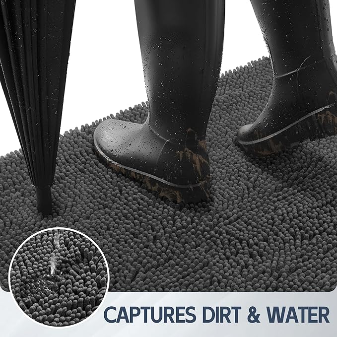 Dog Door Mat for Muddy Paws, 48" x 24" Chenille Absorbent Front Door Mat Inside, Large Runner Mud Mat for Dogs, Trap Dirt Washable Non Slip Outdoor Indoor Entrance Doormats, Grey