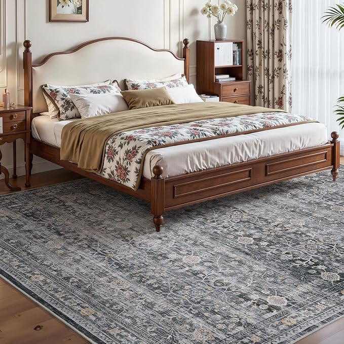 MontVoo-Vintage Area Rug 6X9 Grey Rugs for Living Room-Soft Distressed Printed Rugs for Bedroom-Non Slip Carpet-Machine Washable Rug for Dining Room Living Room Bedside Office