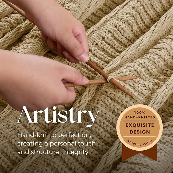 Boho Knitted Chenille Blanket with Tassels - Lightweight & Soft All-Season Throw - 3D Classic Pattern for Living Room Bedroom Couch, Sandy Beige, Throw 50"x60"