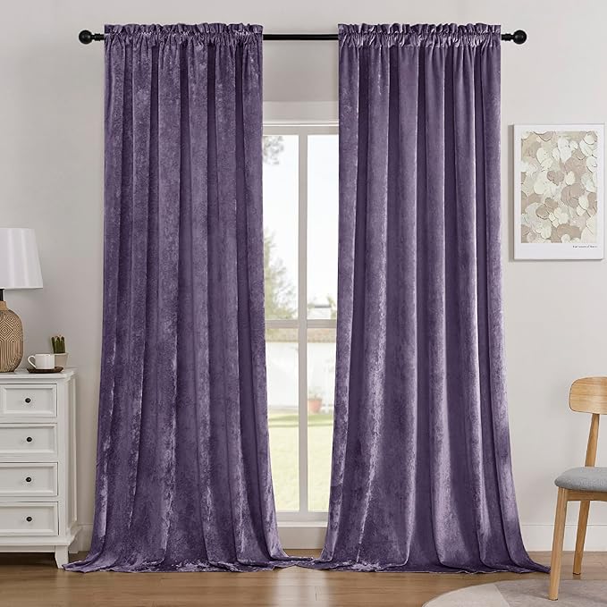 SMILETIME Lilac Purple Crushed Velvet Curtains 52x108inch Rod Pocket Luxurious Thermal Insulated Soundproof Drapes Soft and Durable Light-Filtering Window Treatments for Living Room Bedroom, 2 Panels