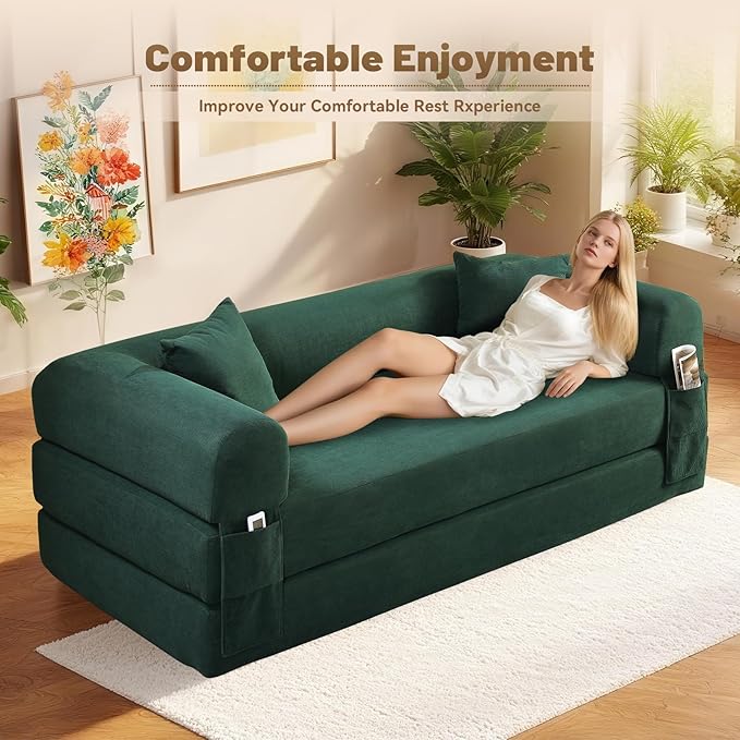 Convertible Futon Sofa Bed,80" Folding Pull Out Couch Bed with Storage,Queen Sleeper Sofa Bed,Compressed Couch in a Box,Corduroy Boneless Couches for Living Room,Deep Green