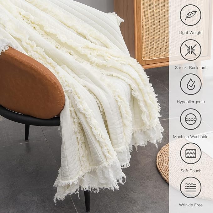Pre-Washed Ultra Soft Quilted Cream King Size Blankets for Bed, Ruffle Fringed Chic Boho Decorative Throw, Stone Washed Blanket for Sofa Couch Bed 104"x90"