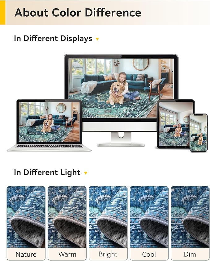 Area Rugs 2'6''x12' Washable Non-Slip, Floral Vintage Distress Print Pattern Medallion Carpet for Living Room Bedroom Dining Room, Teal Green Lake Blue Turquoise
