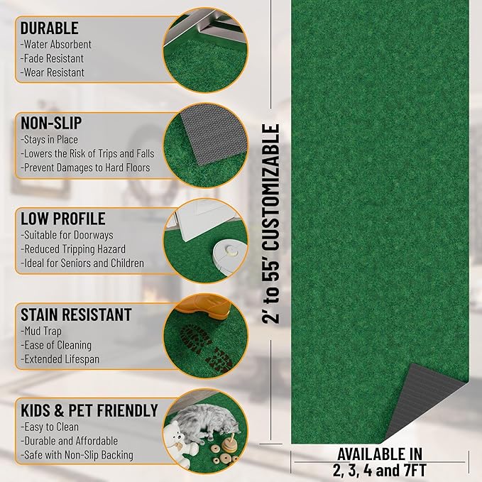 Ottomanson 2' x 51' Hallway Runner with Scraper Pile Extra Durable Non-Slip Rug Mat for Indoor & Outdoor Use - Ideal for Kitchen, Entryway, Patio & Garage - High-Traffic Carpet, Green