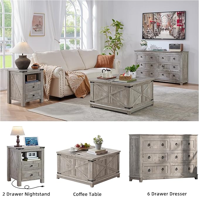 Joaxswe Nightstands Set of 2 with Charging Station, Farmhouse Night Stand with 2 Drawers and Shelf Storage, Wooden Side End Table, Bedside Cabinet for Bedroom, Living Room, Closet,Office (Grey)