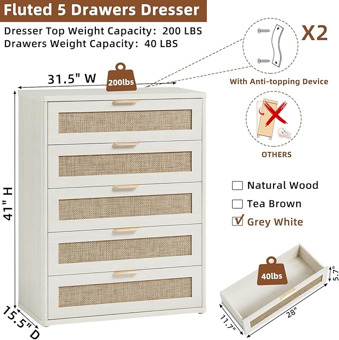 LEYAOYAO Rattan Dresser for Bedroom 41" Tall Chest of Drawers, Modern 5 Drawers Boho Dressers with Storage, Light Oak Dresser Wooden Closet Organizer for Living Room, Hallway, Grey White