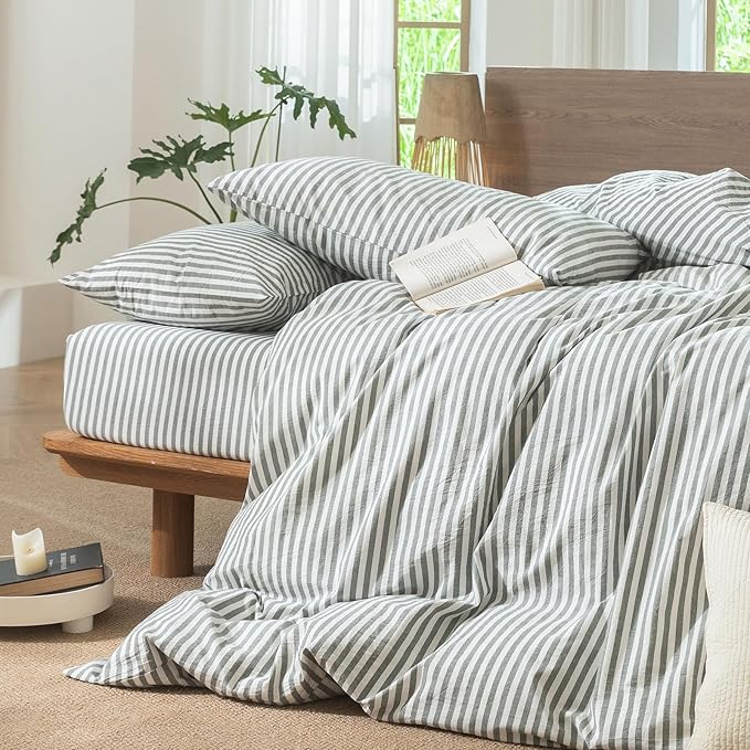 MooMee Striped Duvet Cover Set 100% Washed Cotton Linen Like Textured Breathable Durable Soft Comfy (Heathered Green Classic Stripes, Palatial King/Oversized King 120"x98")