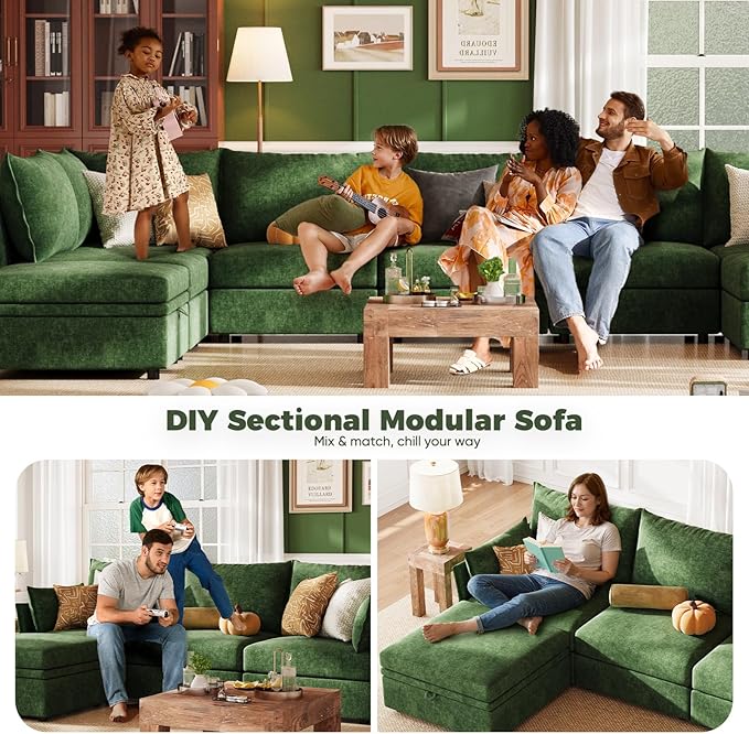 ABCASA 135.5" Oversized Modular Sectional Sofa, L Shaped Convertible Couch with Movable Ottoman, 5 Seat Corner Couches for Living Room Deep Seat Green Chenille