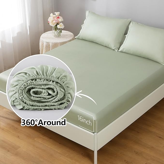 Linen World Cooling Bed Sheets Set Queen Size,100% Organically Grown Viscose Sheets,Deep Pocket Up to 16",4 Pieces Silky Soft,Breathable Bedding Sheets & Pillowcases(Sage Green,Queen)