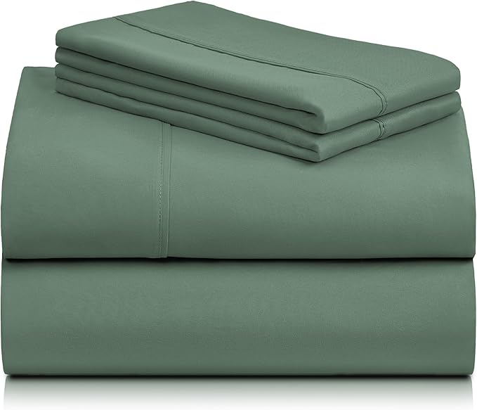 LuxClub 4 PC Queen Sheet Set, Deep Pockets Wrinkle Free Cooling Bed Sheets Hotel Bedding for Women, Men, Includes 1 Fitted Sheet, 1 Flat Sheet and 2 Pillowcases-Soft Tree Moss Green