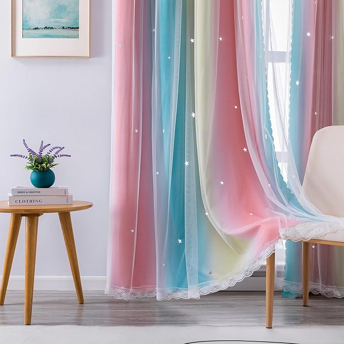 XiDi Curtains for Bedroom Decor, Rainbow Pink-Blue-34-90
