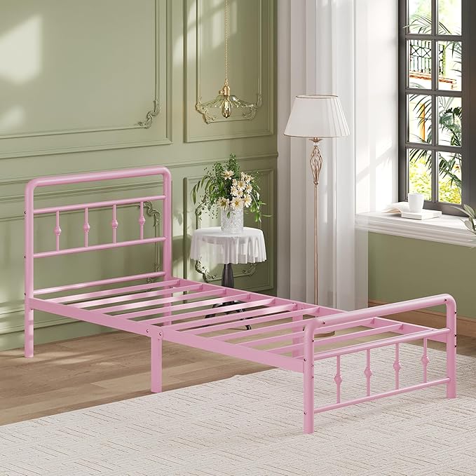 12 Inch Twin XL Bed Frames with Headboard and Footboard, Heavy Duty XL Twin Metal Mattress Foundation No Box Spring Needed, Noise Free, Easy Assembly, Pink