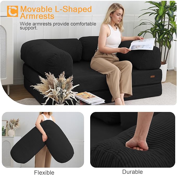 COMAX Folding Sofa Bed Queen 4-in-1 Foldable Floor Couch Convertible Futon Sofa with Armrests Black - Sleeper Mattress Chair Bed Comfy Portable Fold Out Lounge Guest for Living Room Bedroom