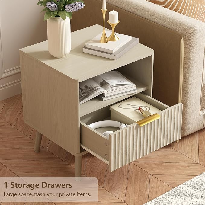 CARPETNAL Fluted Nightstand, Beige Bedside Table with Drawer and Storage Shelf, Wood End Table Mid Century Night Stands for Bedroom Living Room