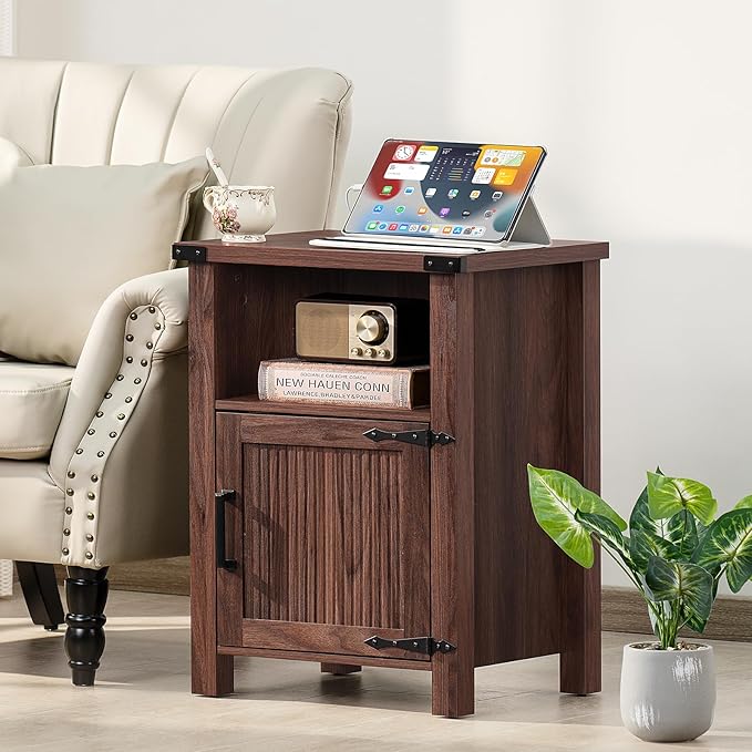 Joaxswe Night Stand Set of 2, 18 Inch Farmhouse Nightstand with with Charging Station and USB Port, Rustic Wood Bedside Table with Magnetic Door, Bed Side Tables for Bedroom, Brown Walnut