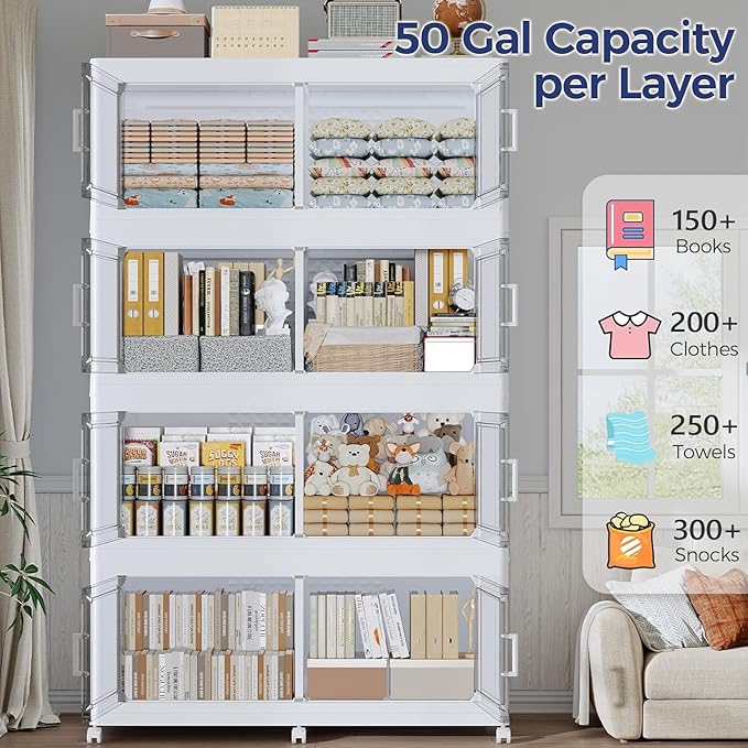150GAL Storage Bins with Lid and Wheels, Stackable Closet Organizers and Storage Drawer, Collapsible Storage Box with Dividers, Foldable Plastic Cabinets for Room, Kitchen, 3 Pack White