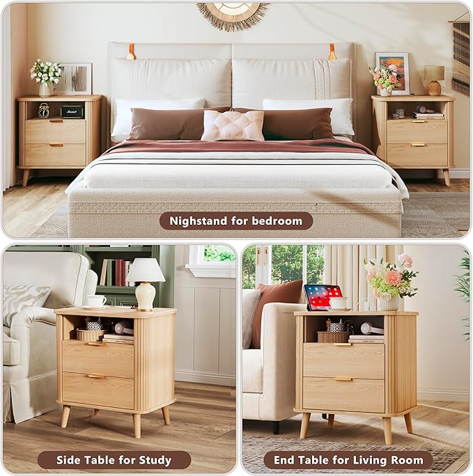 Fluted Nightstand, Night Stand with Charging Station, Mid Century Modern Bedside Table with Drawer & Open Shelf, Curved Profile Design, End Side Table with Storage for Bedroom, Oak