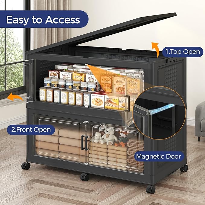 120GAL Storage Bins with Lid and Wheels, Stackable Closet Organizers and Storage Drawer, Collapsible Storage Box with Dividers, Foldable Plastic Cabinets for Room, Kitchen, 3 Pack Black