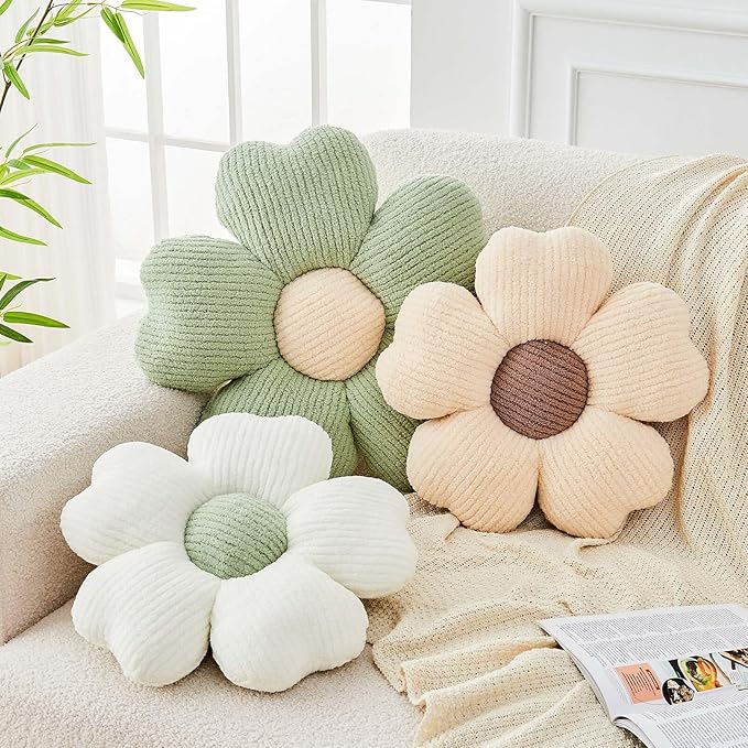 Kcvvcr Flower Throw Pillow, Cute Flower Shaped Pillow Decorative Throw Pillow for Bed Couch, Soft Daisy Pillows Floor Seating Cushion Cushions (19.6 Inch White+Green)