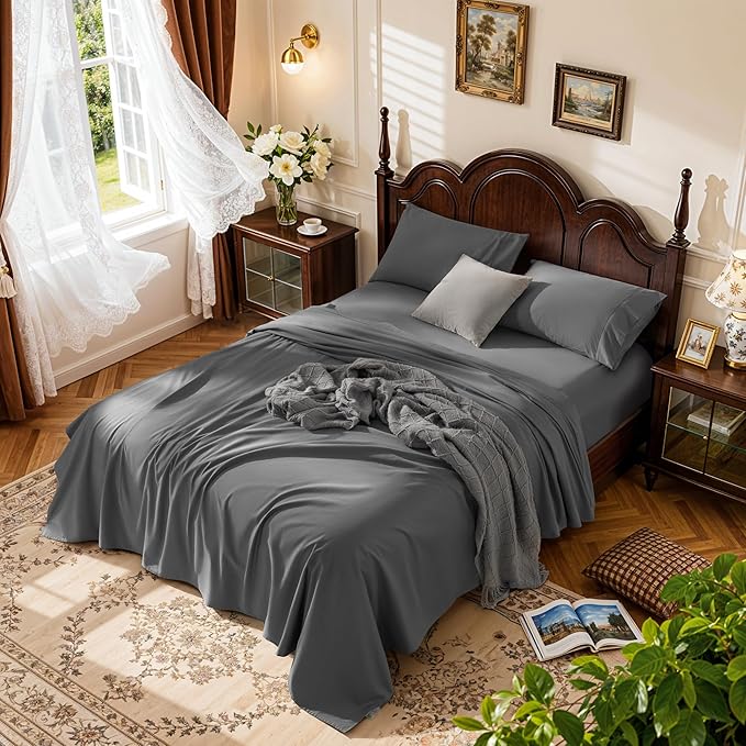 LBRO2M 1000 Thread Count 100% Egyptian Cotton Sheets Set,Full Size Bed Sheet 4 Piece Sets,Long Staple,16 Inches Deep Pocket,All Season,Bedding Super Soft Breathable,Sateen(Dark Grey)