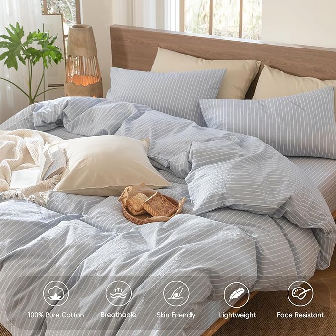 MooMee Striped Duvet Cover Set 100% Washed Cotton Linen Like Textured Breathable Durable Soft Comfy (Cornflower Blue White Wide Stripes, Super Queen 90"x98")