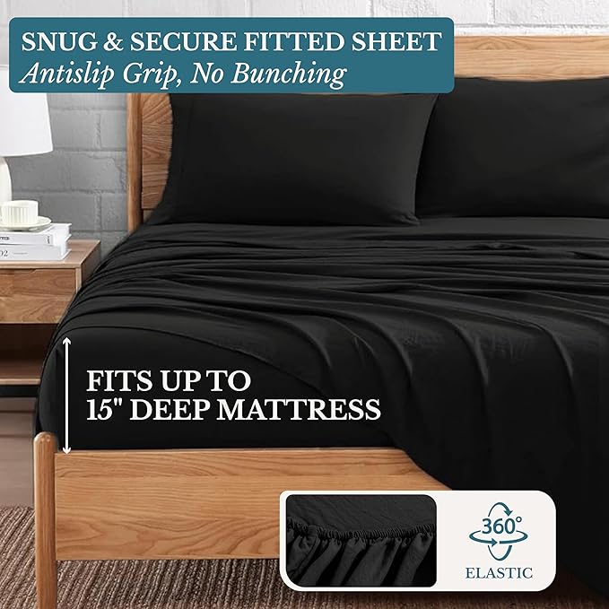 Casa Platino King Bedding Sheet Set – 4 Piece Set, Pre-Washed Brushed Microfiber, Deep Pocket Fitted Sheet for 15" Mattress, Ultra Soft & Breathable Cooling Fabric, Elegant Fit - Black Color
