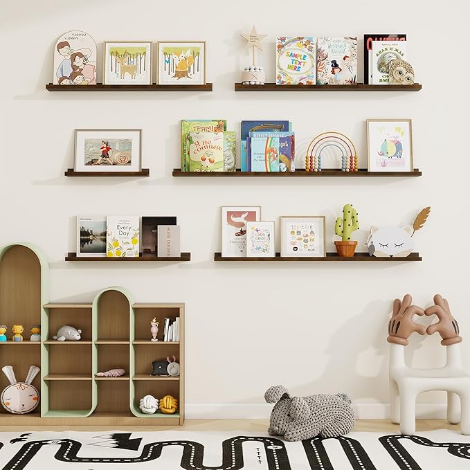 Fun Memories Picture Ledge Shelf, Solid Pine Wood Floating Shelves Set of 4, 16 Inches Nursery Book Shelves for Toys Storage, Kids Bookshelf Wall Mounted for Living Room Decor Photo Frames, Walnut