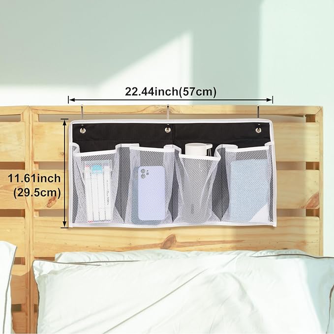 Bed Hanging Shoe Organizers with 3pcs Hooks, 4 Mesh Pocket Bedside Hanging Shoes Holder, Behind Door Storage Pockets for RV Dorm Entryway Bedroom Closet