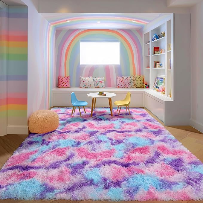 PAGISOFE Rainbow Purple Rugs for Girls Bedoom 5x7 Ft, Fluffy Cute Colorful Pastel Princess Carpet for Living-Room Kids Nursery, Ultra Soft Dorm Rug for Room Decor Aesthetic,Hot Pink Bedroom Decor