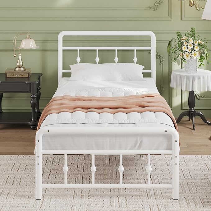 12 Inch Twin XL Bed Frames with Headboard and Footboard, Heavy Duty XL Twin Metal Mattress Foundation No Box Spring Needed, Noise Free, Easy Assembly, White