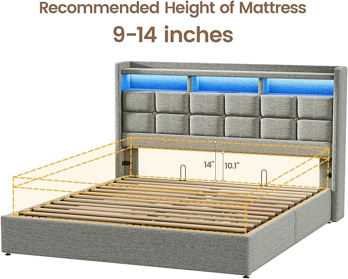 Lift Up Queen Bed Frame with Storage, Upholstered Bed Frame Queen Size with LED Lights Headboard and Charging Station, No Box Spring Needed, Easy Assembly - Light Grey