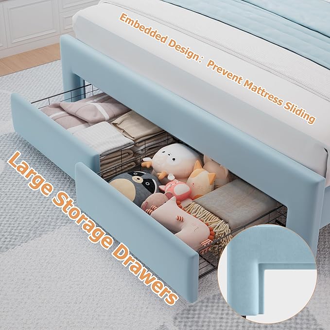 Velvet Upholstered Queen LED Bed Frame with 2 Storage Drawers and Adjustable Chic Double Wavy Headboard, Princess Platform Bed with Charing Station, Solid Wood Slats Support,No Box Spring Needed,Blue