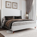 Jocisland King Upholstered Platform Bed Frame with 51.2" Tall Wingback Headboard–Solid Wood Legs, No Box Spring Needed, White Linen–Modern Style for Any Bedroom