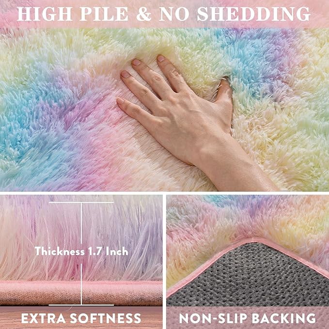 8x10 Fluffy Rainbow Rug for Living Room, Large Colorful Tie Dyed Shaggy Area Rugs for Bedroom Girls Kids Room, Soft Non Slip Fuzzy Shag Rug for Nursery Dorm Home Decor