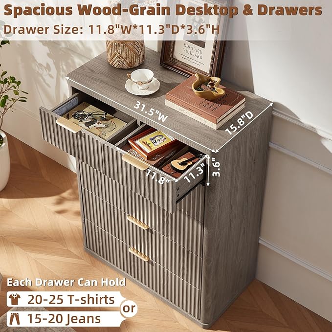 LEYAOYAO 42" Tall Fluted Dresser and 3 Drawers 23" Nightstand Set of 2, Wooden Dresser & Night Stand with Charging Station, 3 Piece Bedroom Furniture Set, Wood Chest of Drawer for Living Room,Grey