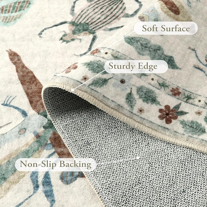Lahome Insect Print Washable Rugs for Living Room, Soft 6x9 Area Rugs for Bedroom, Ultra-Thin Non Slip Modern Area Rug Low Pile Stain Resistant Throw Carpet for Dining Room Office(6'x9',Beige)