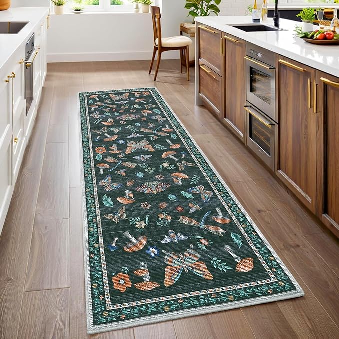 Mushroom Insect Rug 2x6 Runners for Hallways, Boho Kitchen Runner Rugs Non Slip Bath, Modern Washable Rug for Bedroom, Soft Long Rugs for Entryway Bathroom Laundry Dorm, Black