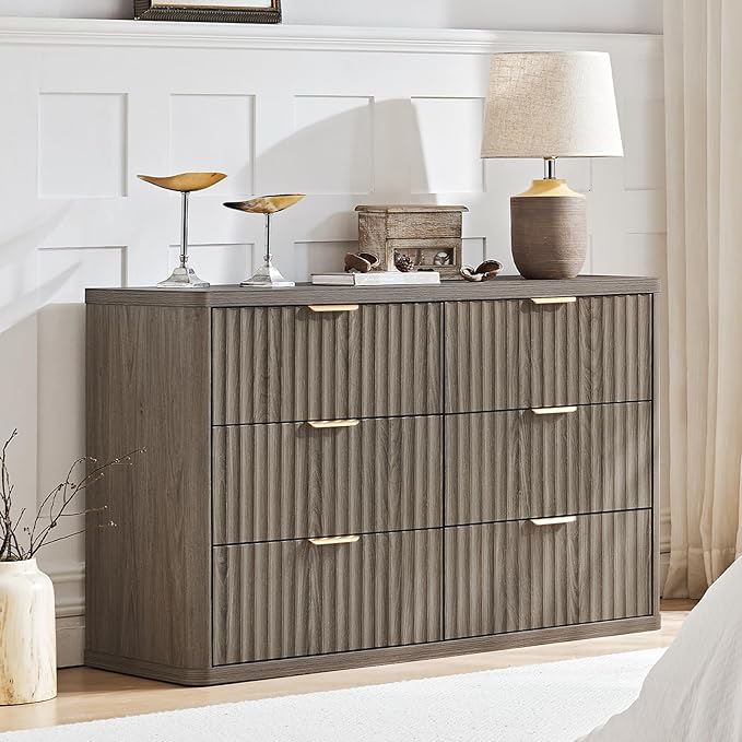LEYAOYAO 48" Wide Fluted Dresser and 1 Drawers 23" Nightstand Set of 2, Wooden Dresser & Night Stand with Charging Station, 3 Piece Bedroom Furniture Set, Chest of Drawer for Living Room,Grey