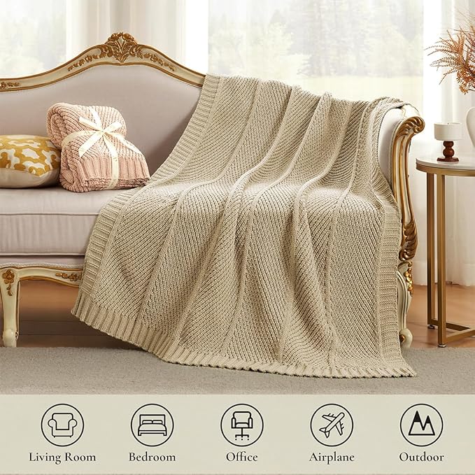 Amélie Home Chevron Chenille Knit Throw Blanket for Couch, Cozy Texture Decorative Soft Blanket for Sofa & Chair, 60"x80", Beige