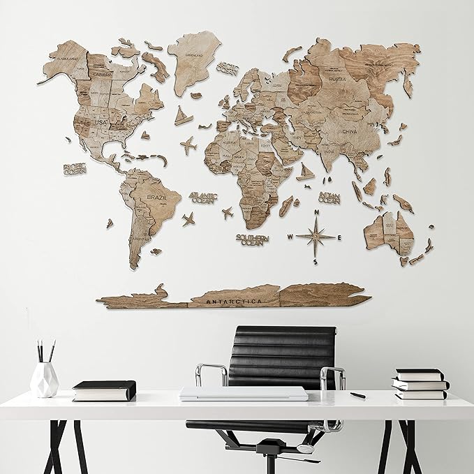 Handmade 3D Wood World Map Wall Art Large Wall Decor Track Your World Travels - Special for Home, Kitchen and Office (X-Large, Terra)