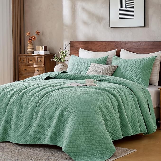 Queen Quilt Set with Shams Lightweight Quilted Bedspread Coverlet Thin Comforter Bed Cover Vintage Washed Quilted Blanket for All Season, Brushed Microfiber Diamond Stitching, Green, 88"x92"