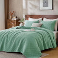 King Quilt Set with Shams Lightweight Quilted Bedspread Coverlet Thin Comforter Bed Cover Vintage Washed Quilted Blanket for All Season, Brushed Microfiber Diamond Stitching, Green, 104"x92"