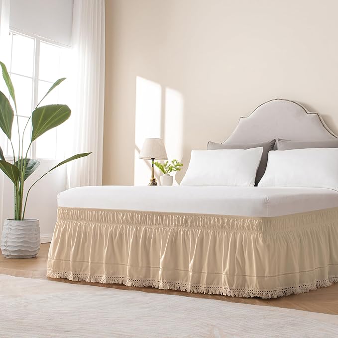 MIYE Wrap Around Ruffled Lace Bed Skirt, Elastic Dust Ruffle with Adjustable Belts, Easy to Put On, Bed Frame Cover, Machine Washable (Tassel Ruffle/Beige, King/Queen-15 Drop)