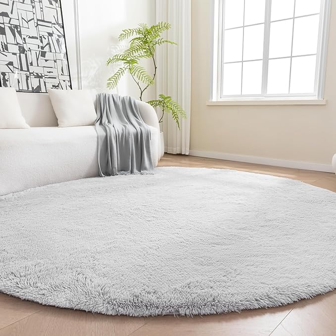 Amazon Basics Fluffy Washable Round Area Rug, Circle Shaggy Carpet for Living Room, Bedroom, Nursery, 8'R, Gray