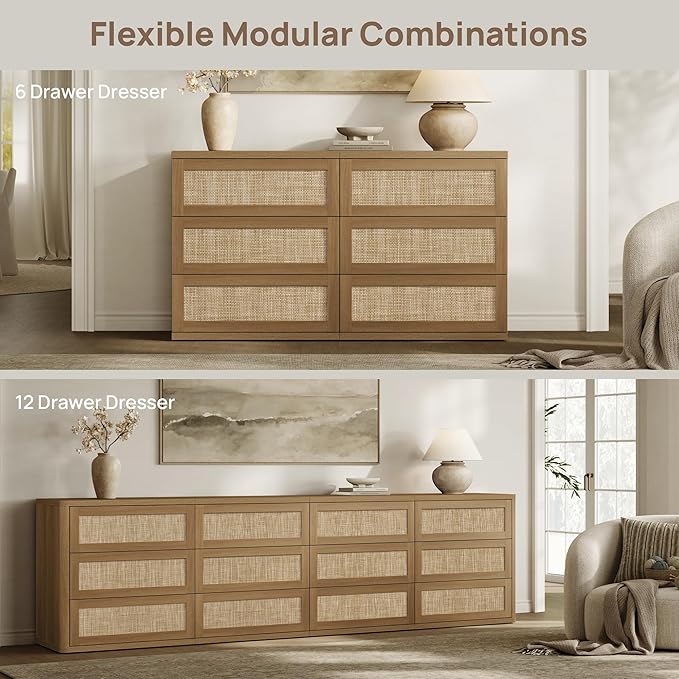 SICOTAS Dresser for Bedroom - 50" Wide 6 Drawer Dresser Rattan Dressers & Chests of Drawers Boho Drawers for Bedroom Bedside Table Clothes Large Closet Storage for Closet Hallway Entryway