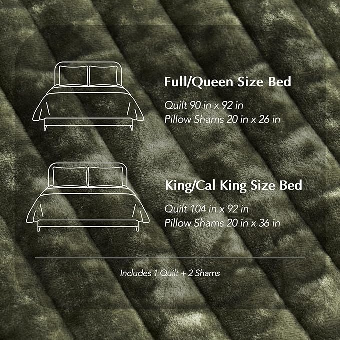 EVERGRACE Velvet Quilt Set Queen Size, Luxurious Soft Striped Channel Bedding Set, Lightweight Velvet Comforter for All Season, Quilted Bedspread Coverlet with 2 Matching Shams, Olive Green