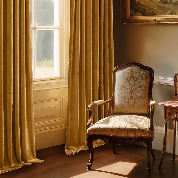 StangH Mustard Gold Velvet Curtains - Vintage High Ceiling Tall Drapes for Sliding Door/Villa, Thermal Insulated Privacy Panels for Living Room/Kids Room, W52 x L108, 2 Panels